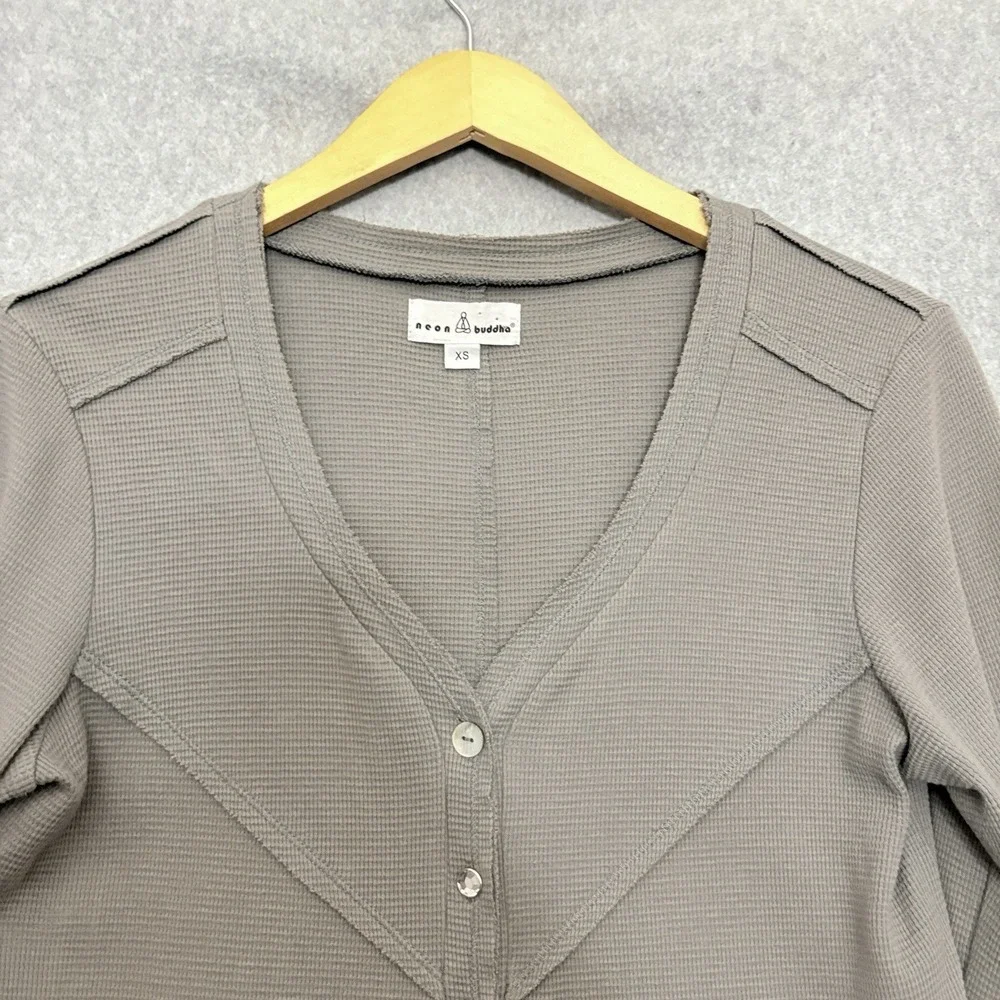 Neon Buddha Waffle Knit Gray Patchwork‎ Long Sleeve Lagenlook Button Shirt XS